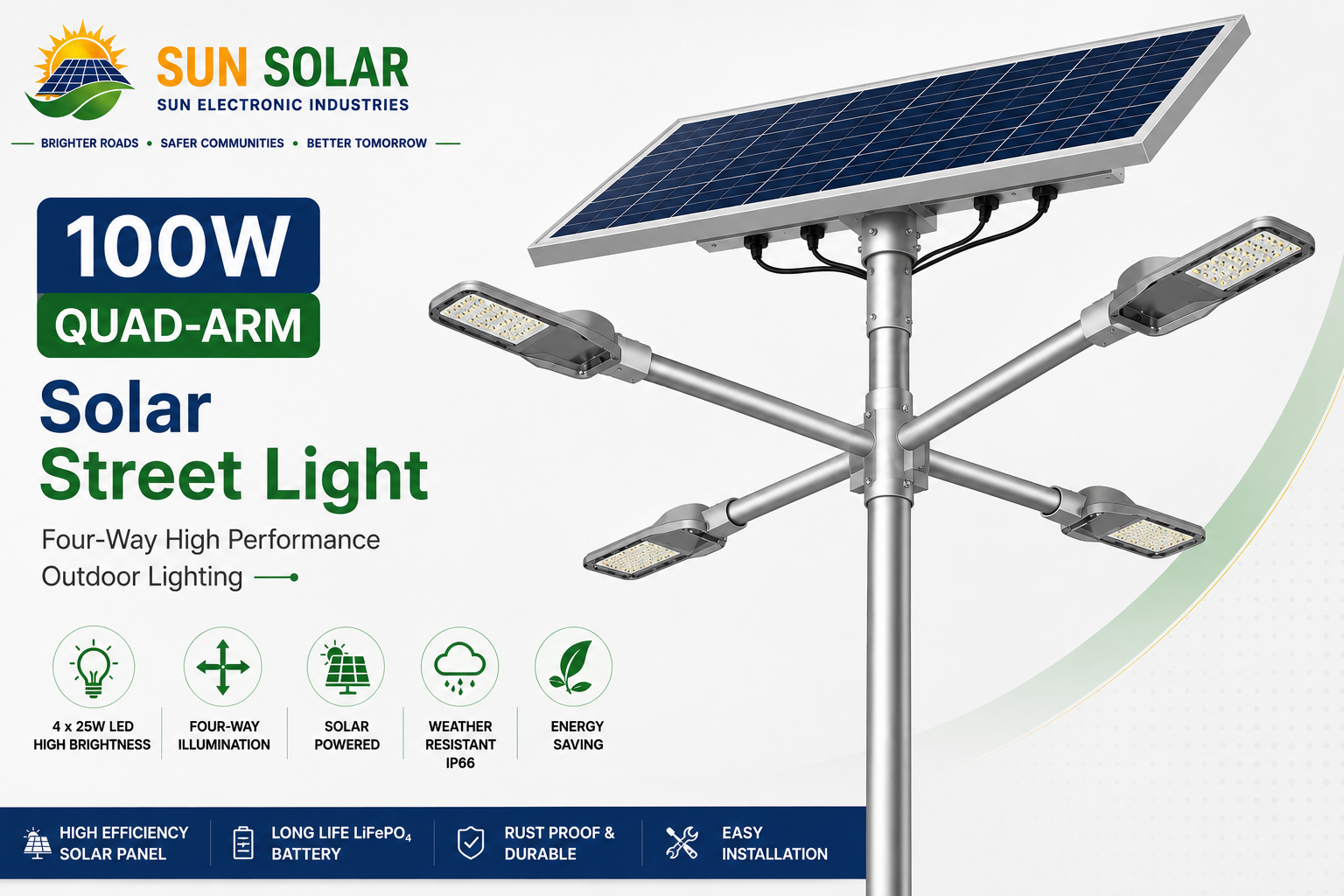 100W Quad Arm Solar Street Light