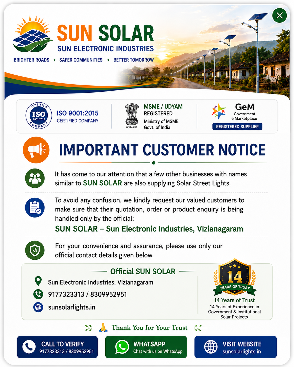SUN SOLAR Important Customer Notice